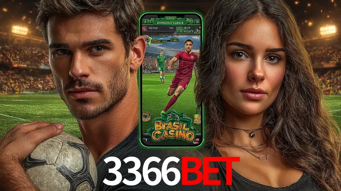 Homem segurando uma bola de futebol e uma mulher ao lado de um smartphone exibindo o jogo de apostas esportivas da 3366bet. Faça seu palpite no cassino online.